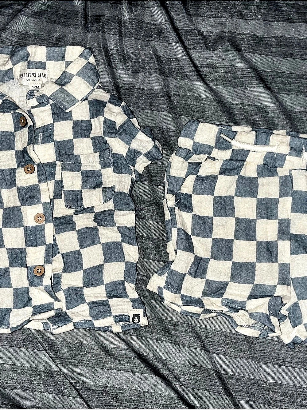 Rabbit + Bear organic Checkered Matching Set Blue & White Baby 12M
